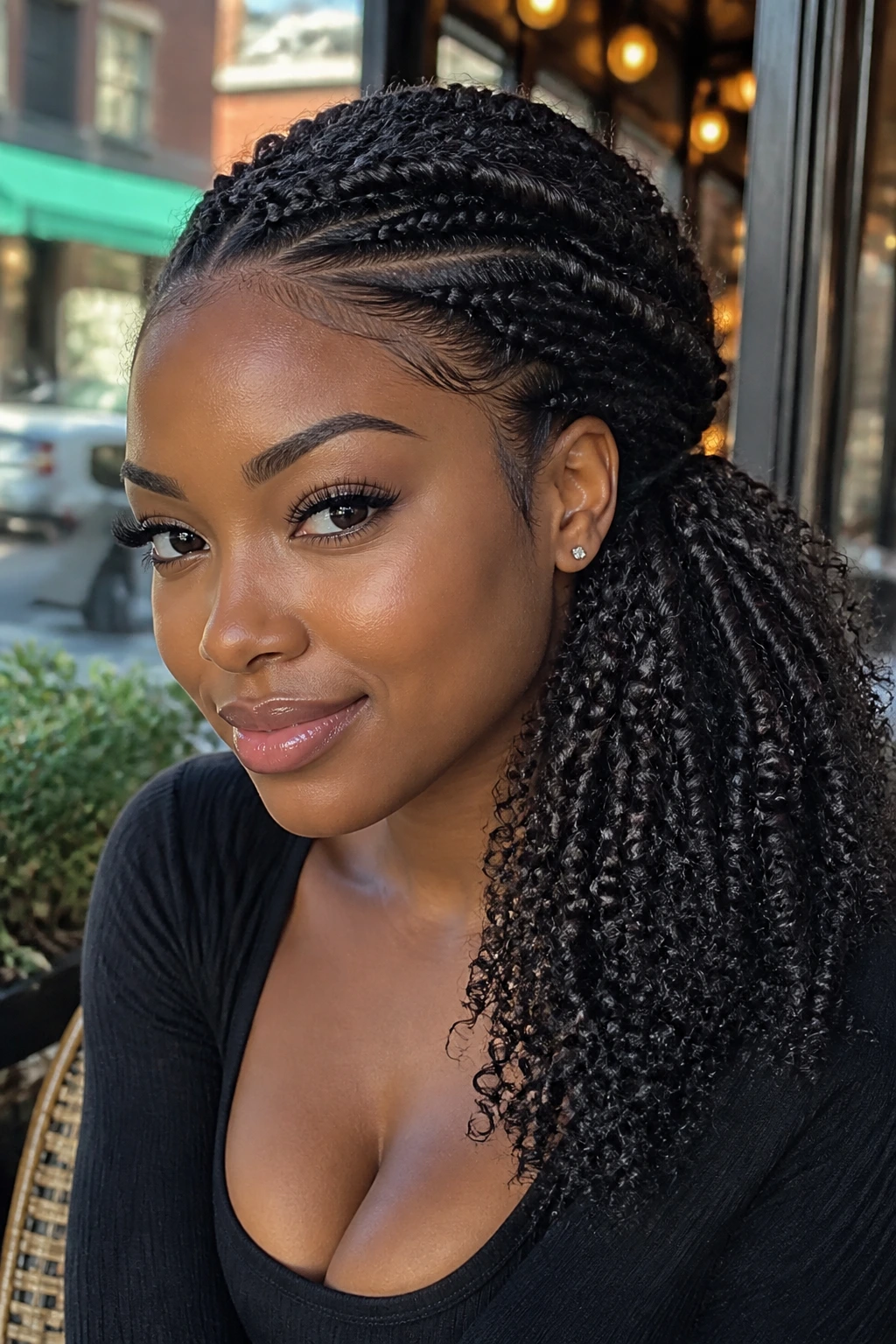 Close-up portrait of a real woman with side-swept braided ponytail