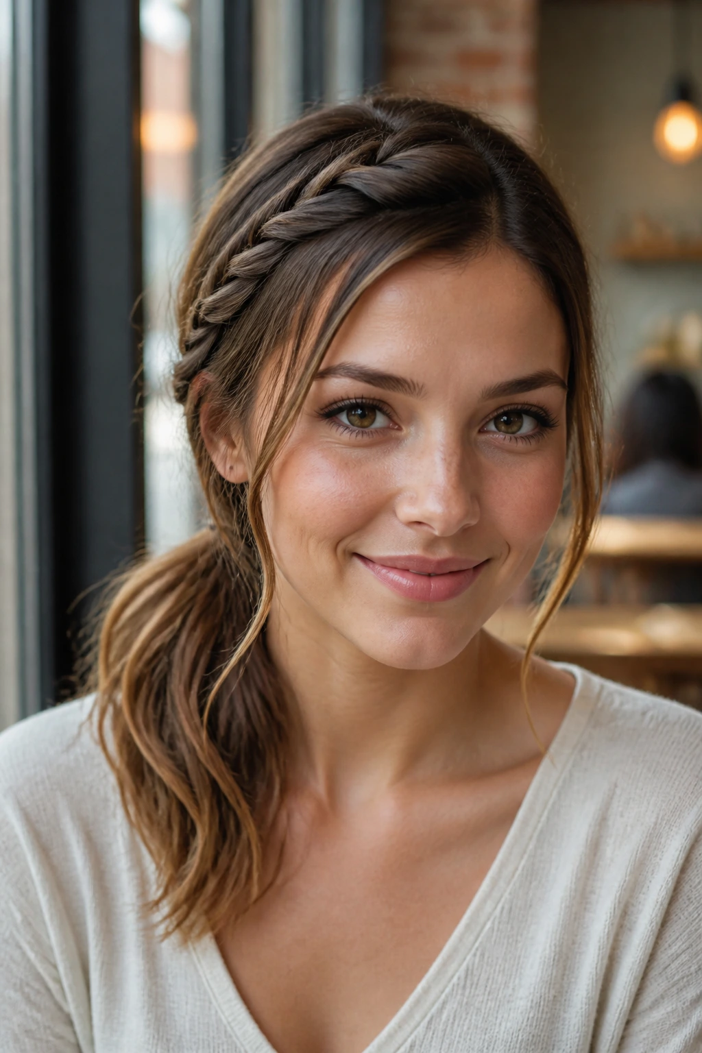 Close-up of a real woman with a side-swept braid into a low ponytail