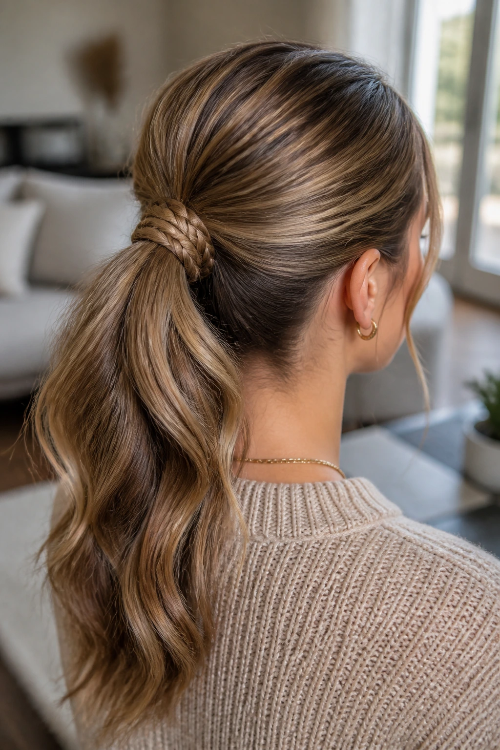 Back view of a real woman with a ponytail wrapped by a braid around the base, hidden elastic