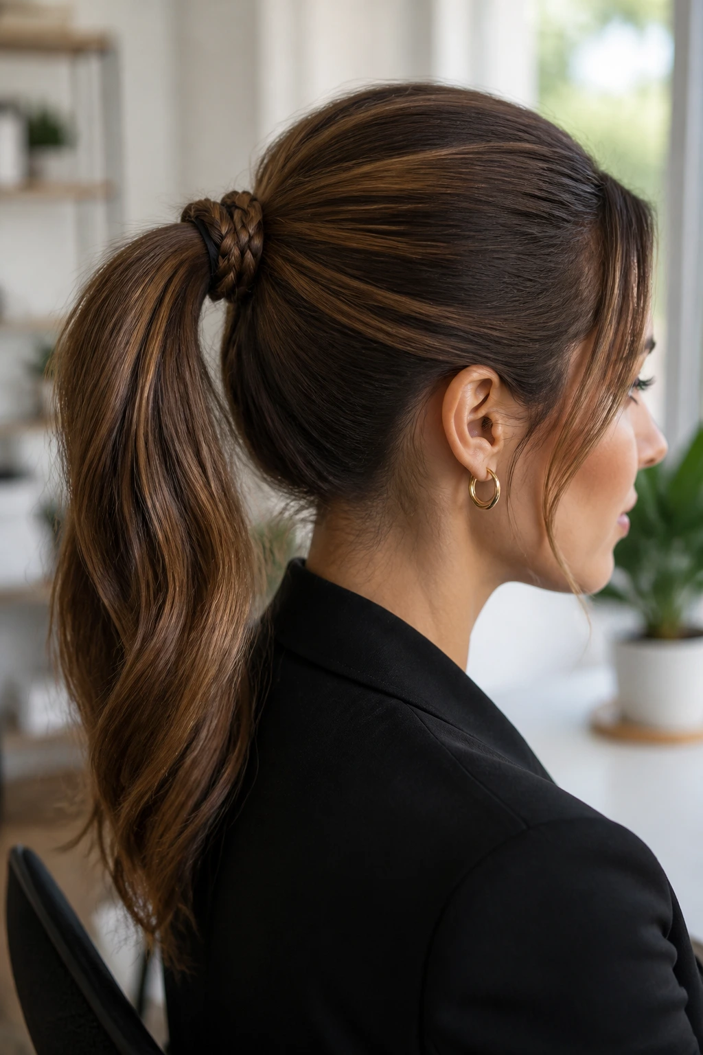 Close-up of a real woman with a wrapped braided ponytail in a bright home office