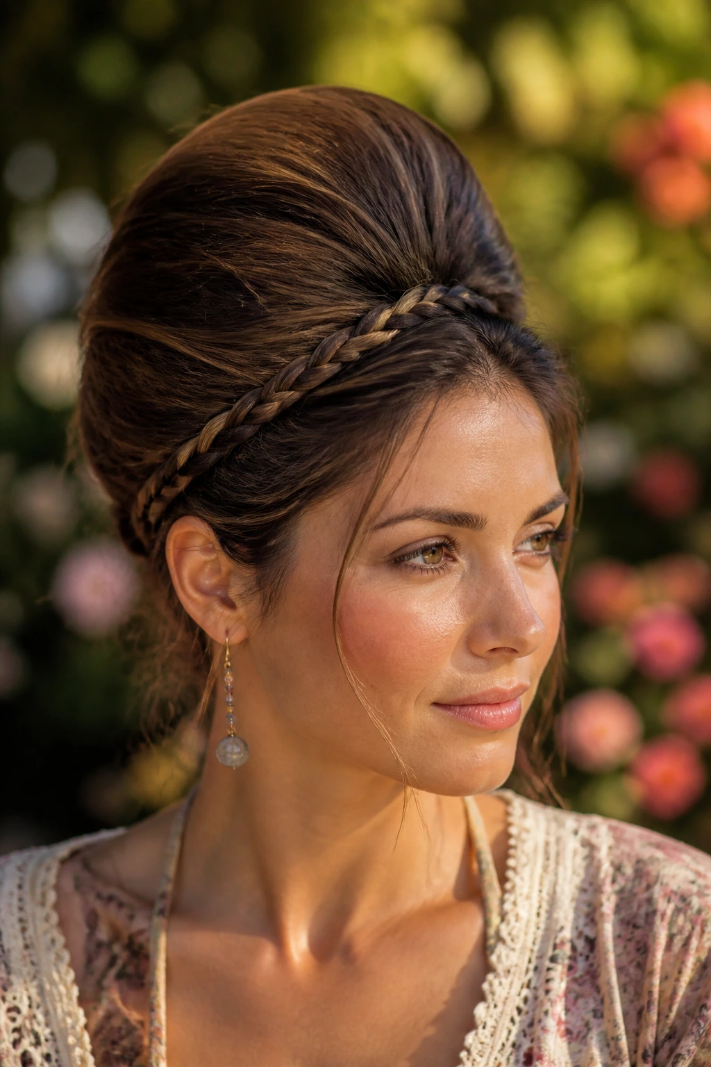 Close-up of a woman with a braided-rim beehive in garden light