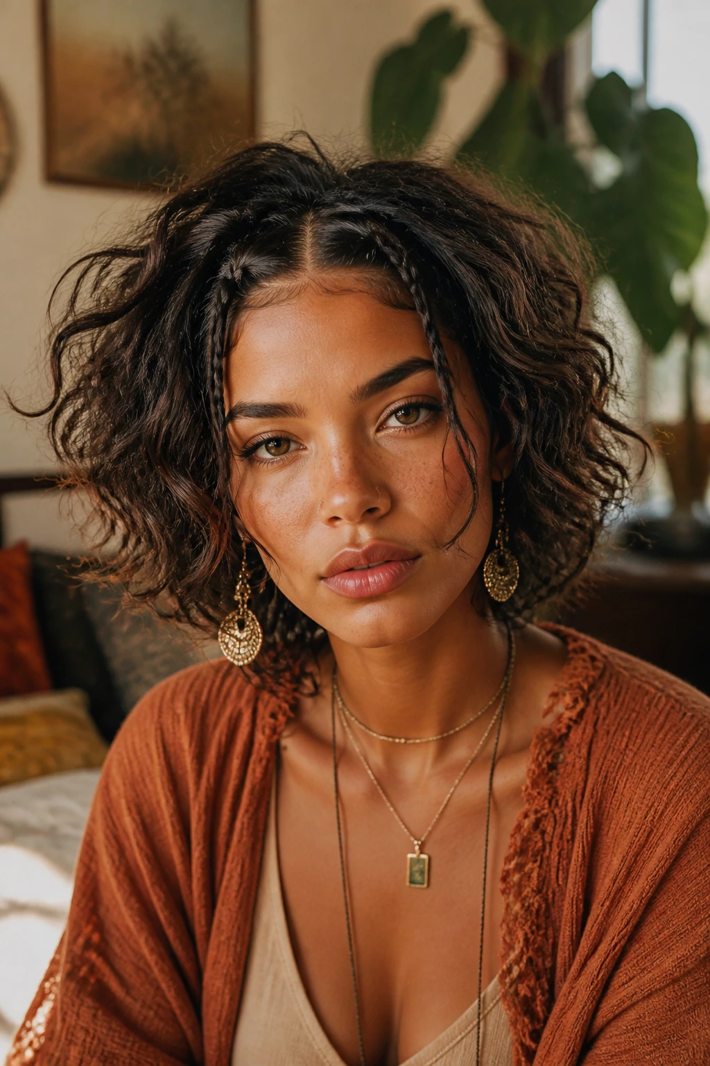 Portrait of a woman with two small braids in a shaggy bob.