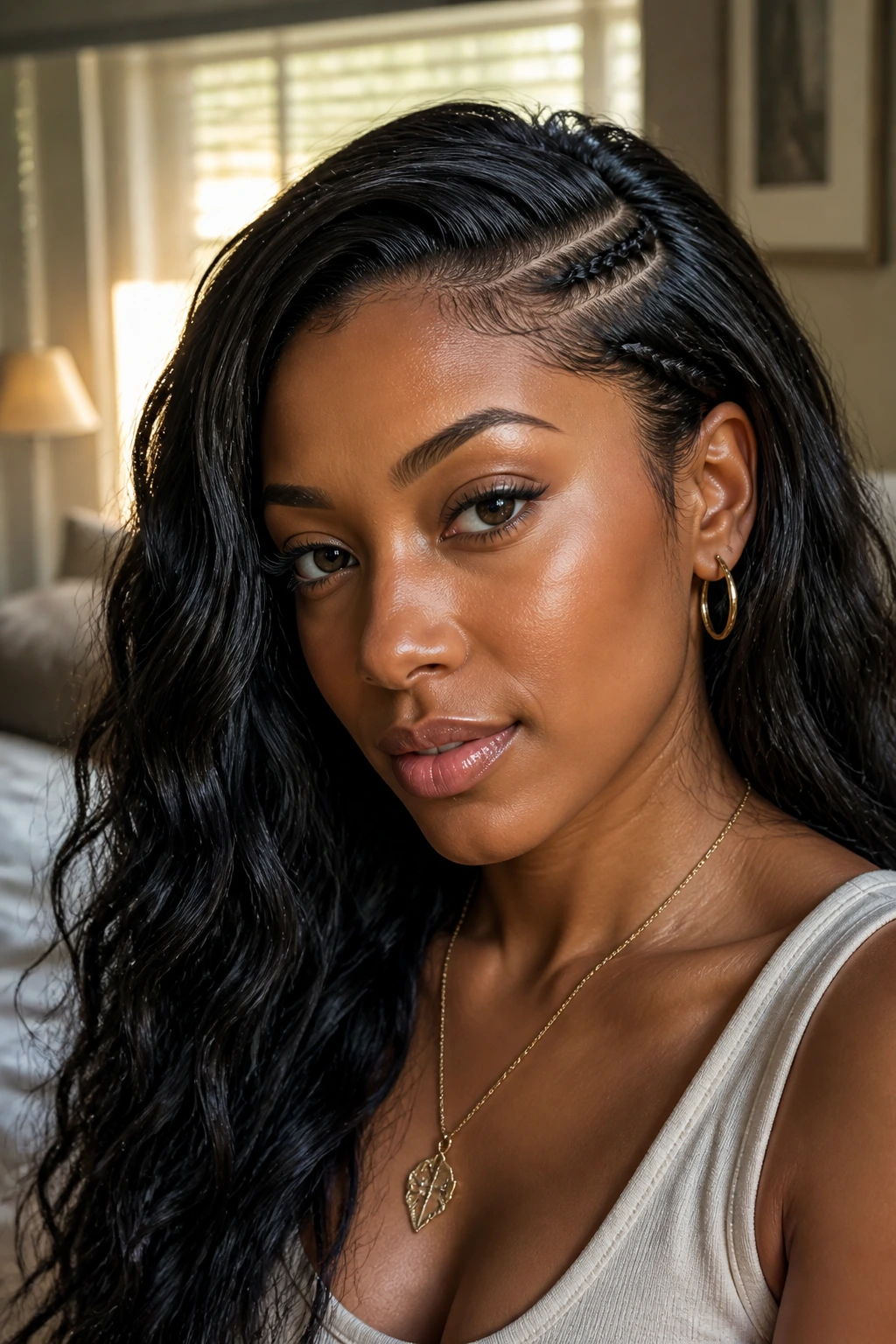 Close-up of The Braided Side-Part on a real woman with a subtle invisible cornrow along the side part