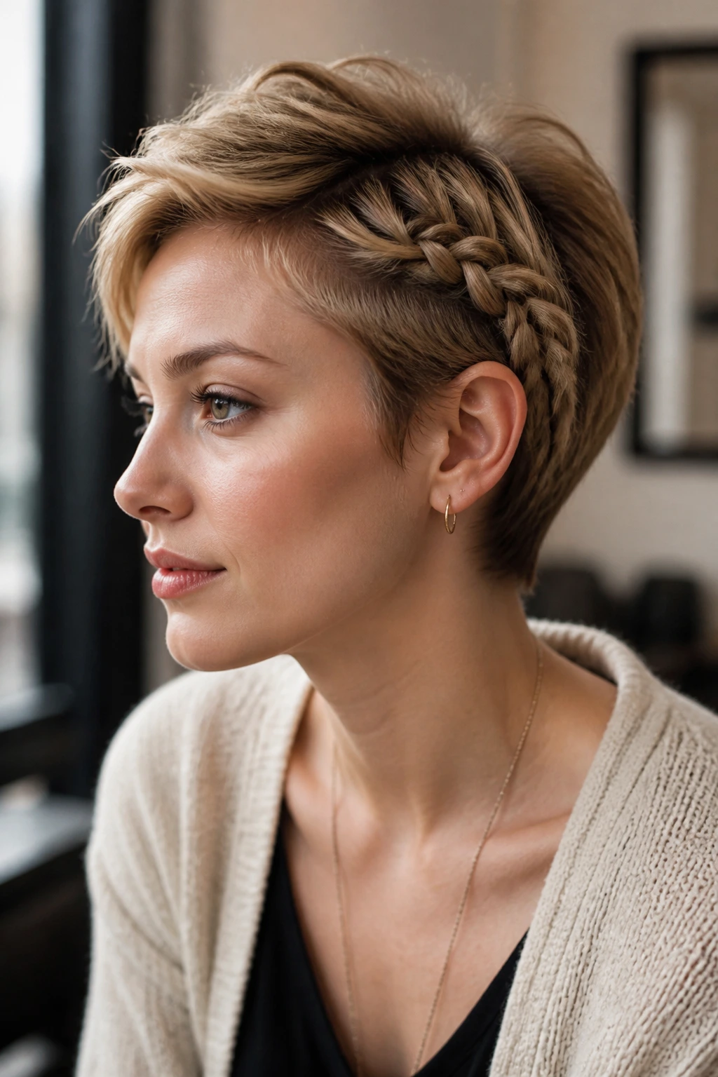 Close-up of a real person with a side-part Dutch braid on a pixie cut.