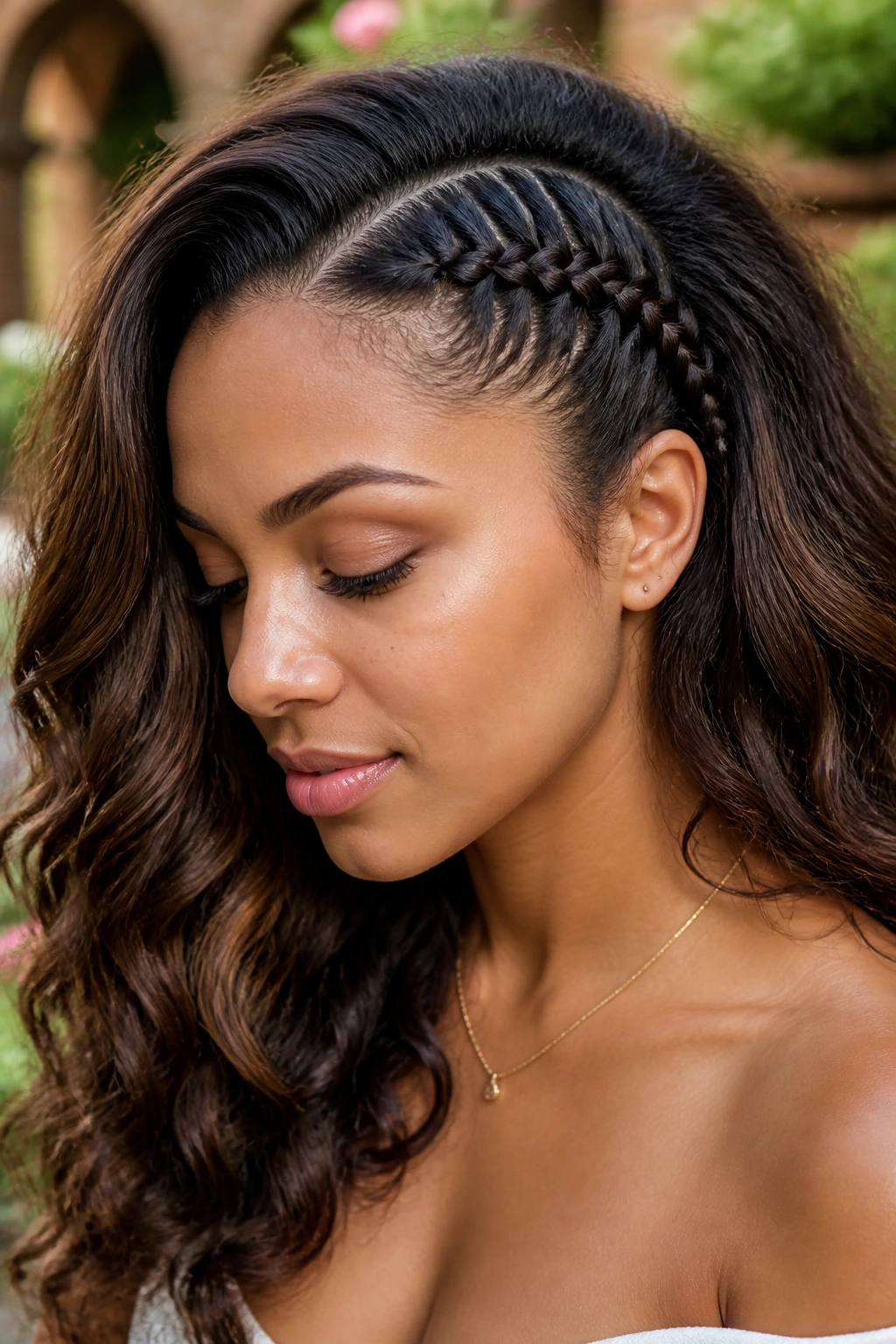 Close-up of a real woman with a diagonally braided side-sweep