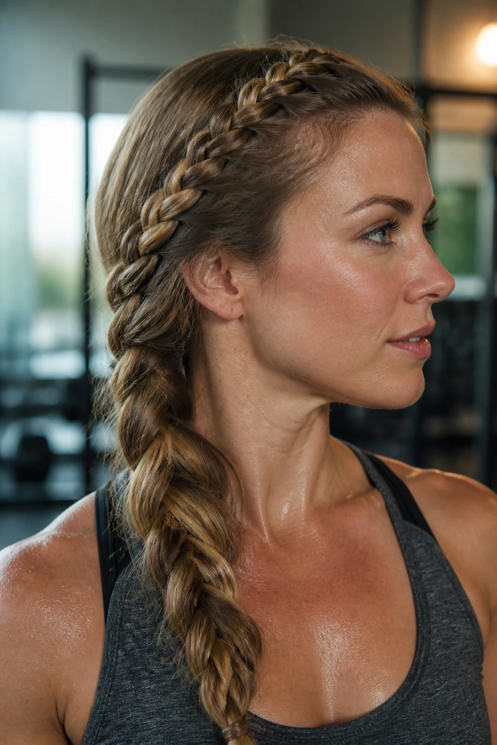 Close-up of a real woman with a braided side-sweep hairstyle