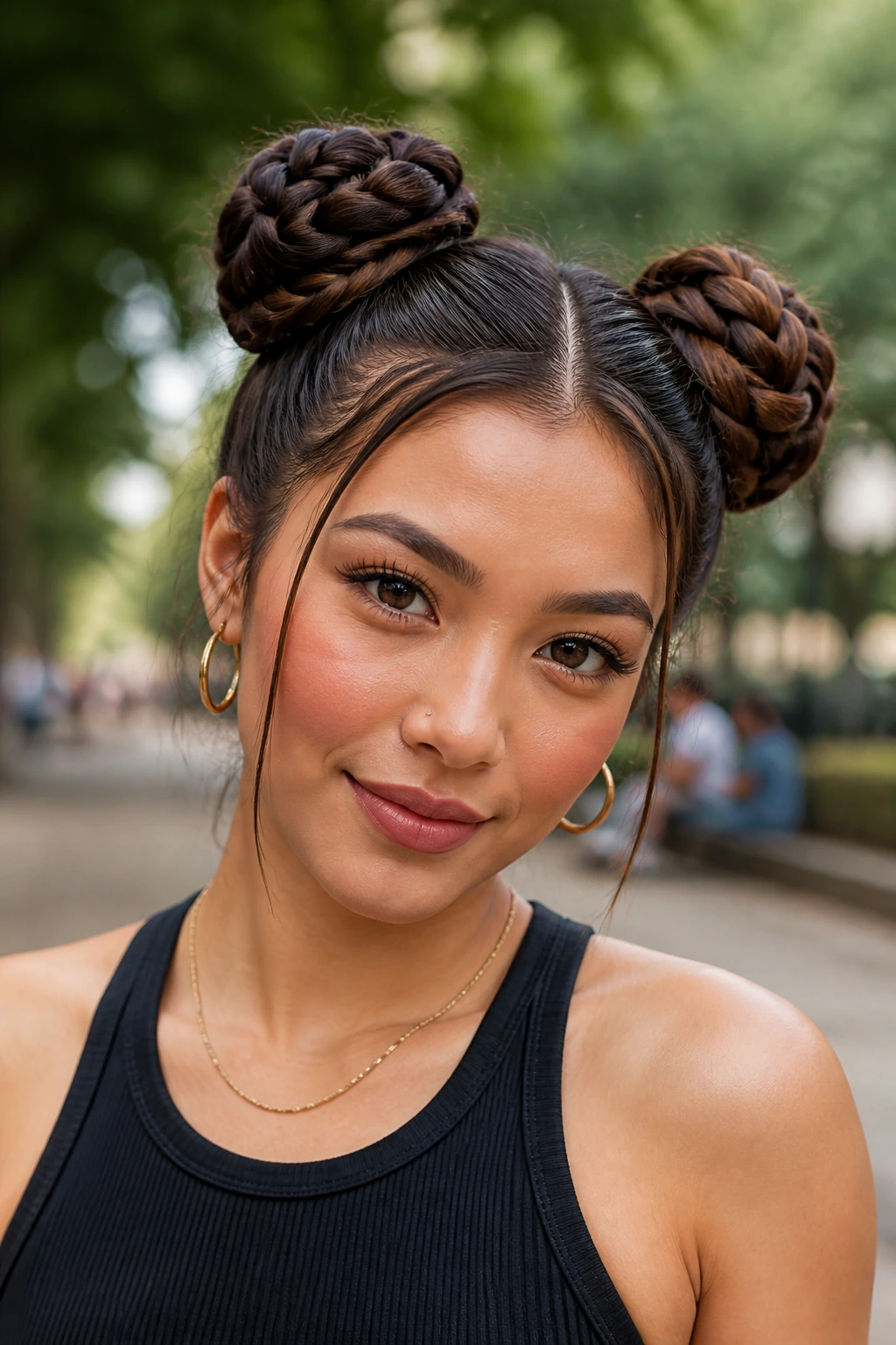 Close-up of a real woman with braided space buns.