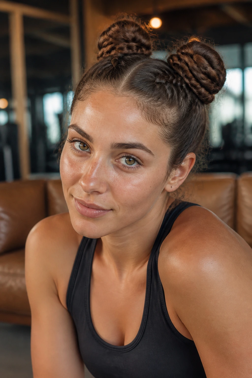 Real person with two braided space buns seen from a close-up angle.