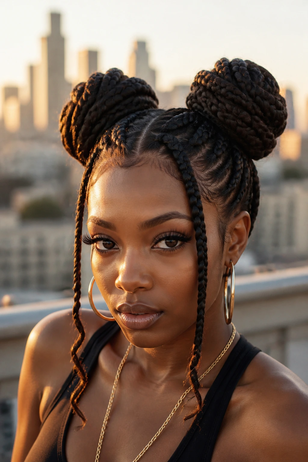 Close-up of a real woman with braided space buns on top against a city sunset backdrop