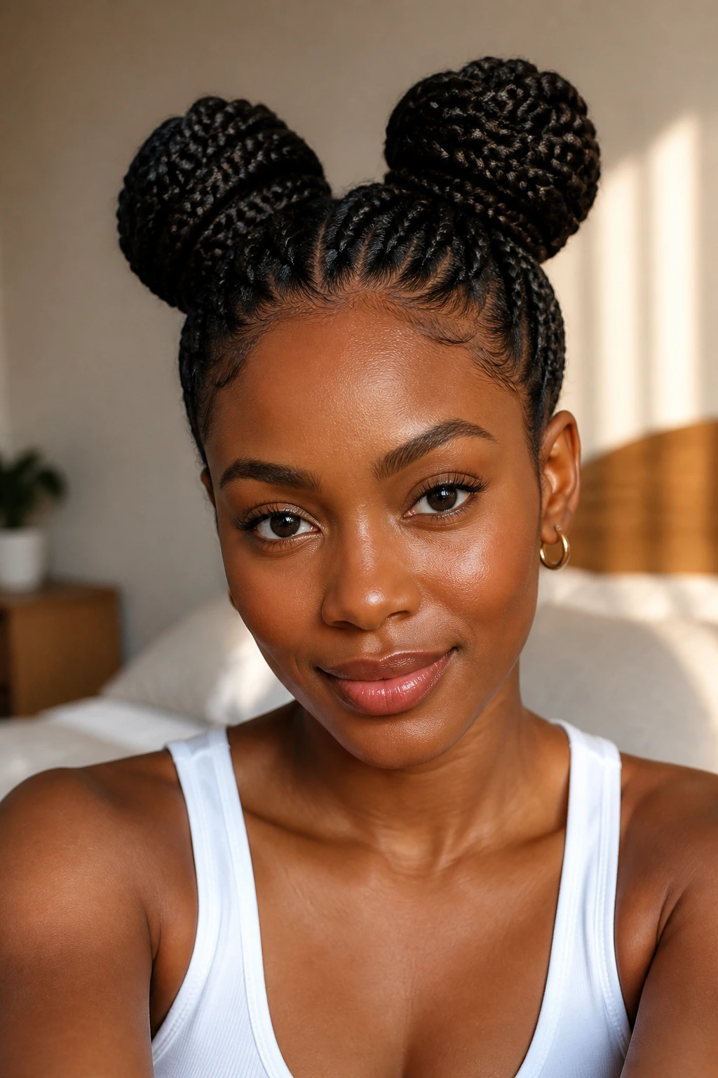 Close-up of real woman with two high braided space buns in morning light