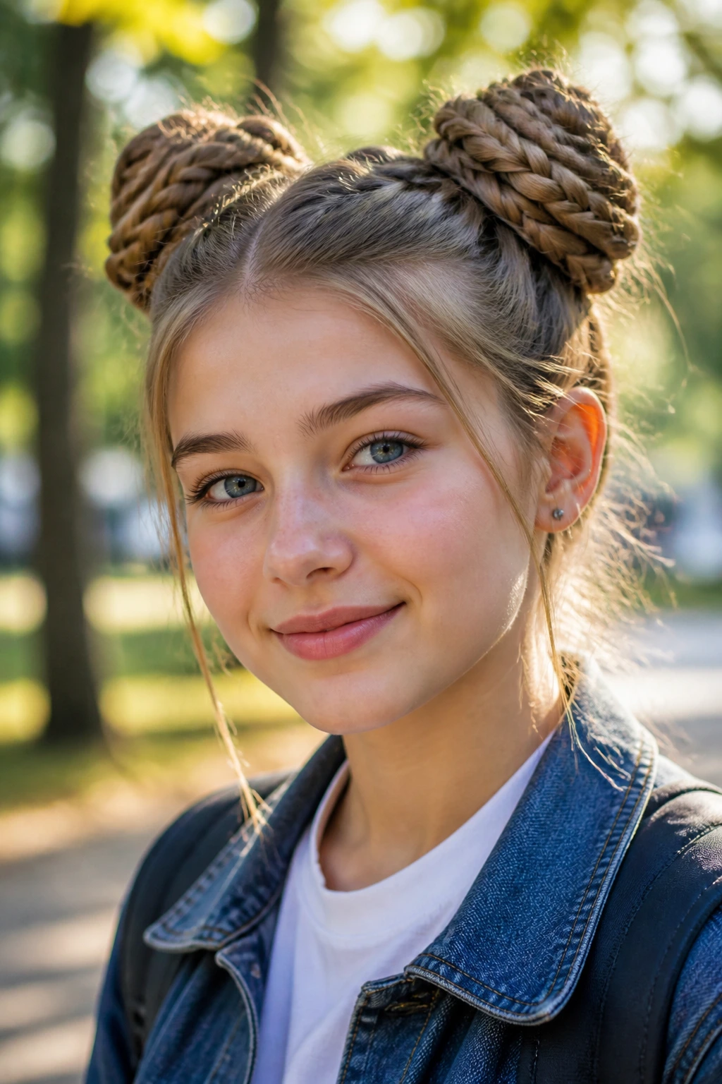 Real person with braided space buns in an outdoor park setting