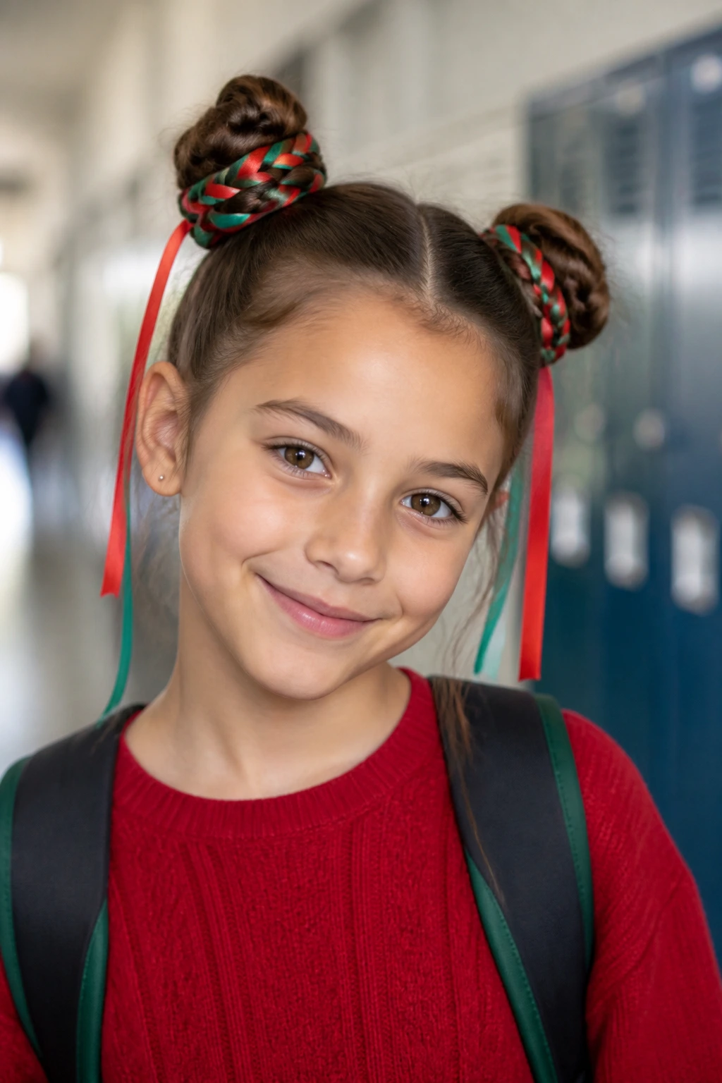 Close-up of a real student with braided space buns and ribbons in a bright hallway