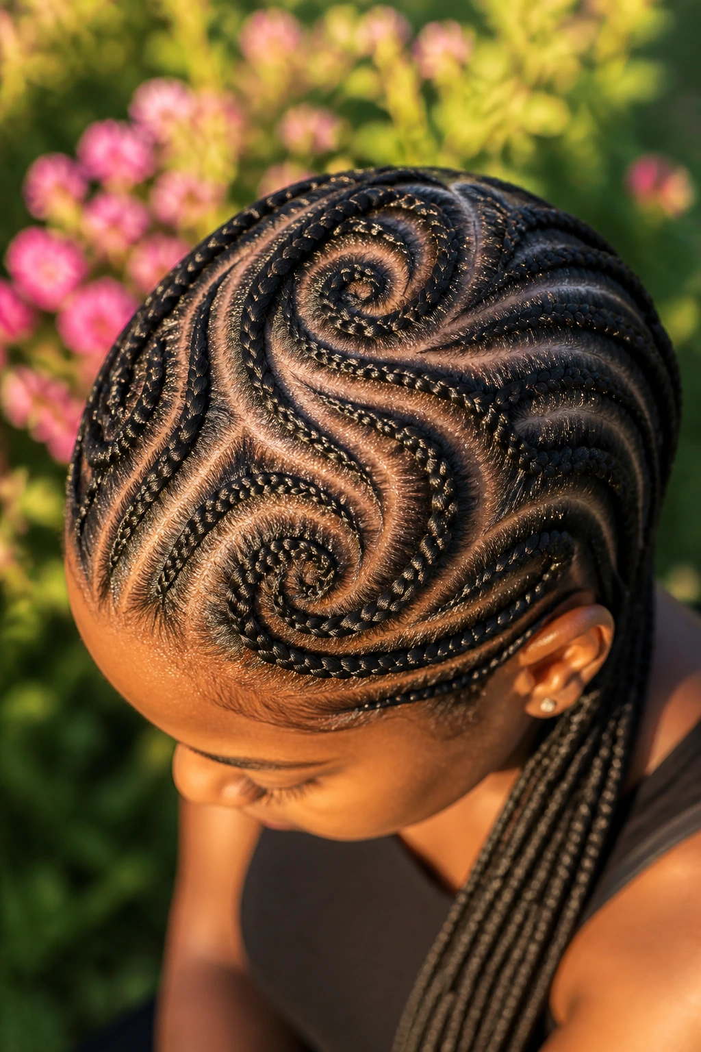 Top-down view of multi-directional braided swirls on real woman