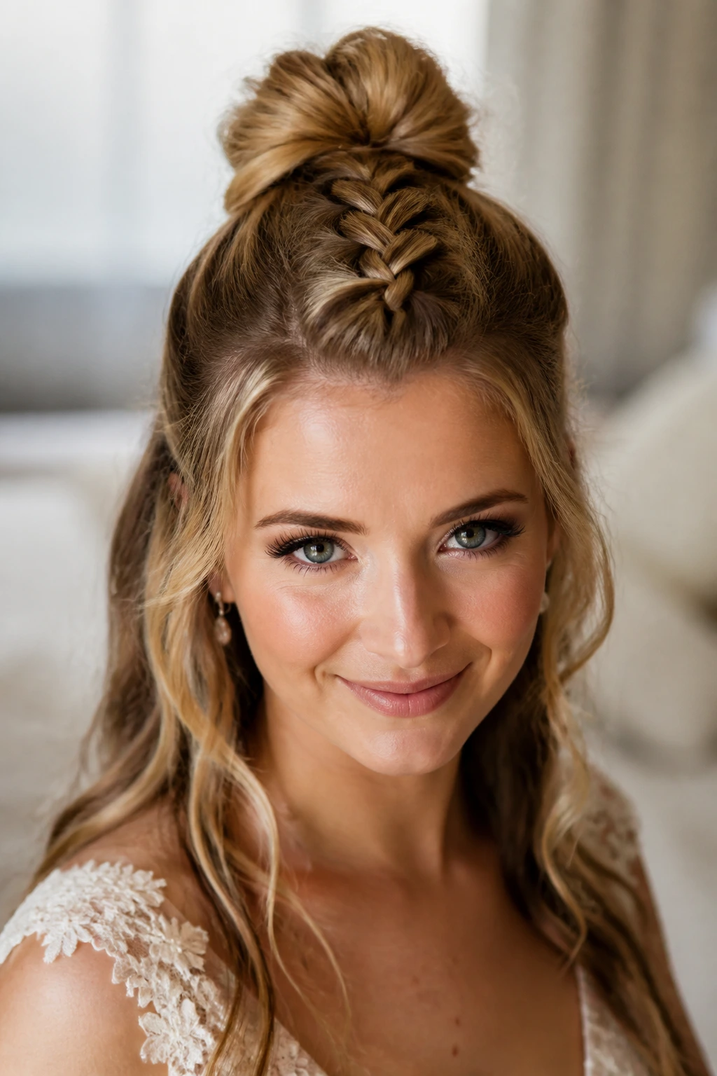 Close-up of a bride's half-up braided top-knot in warm bridal suite light