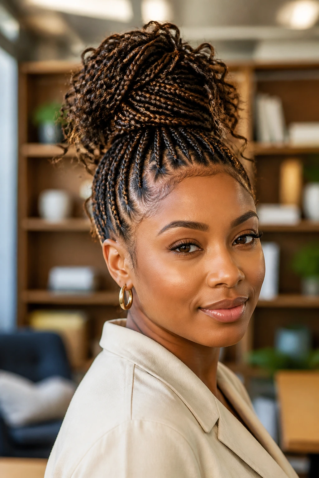 Close-up of a woman's braided top-knot with loose ends.
