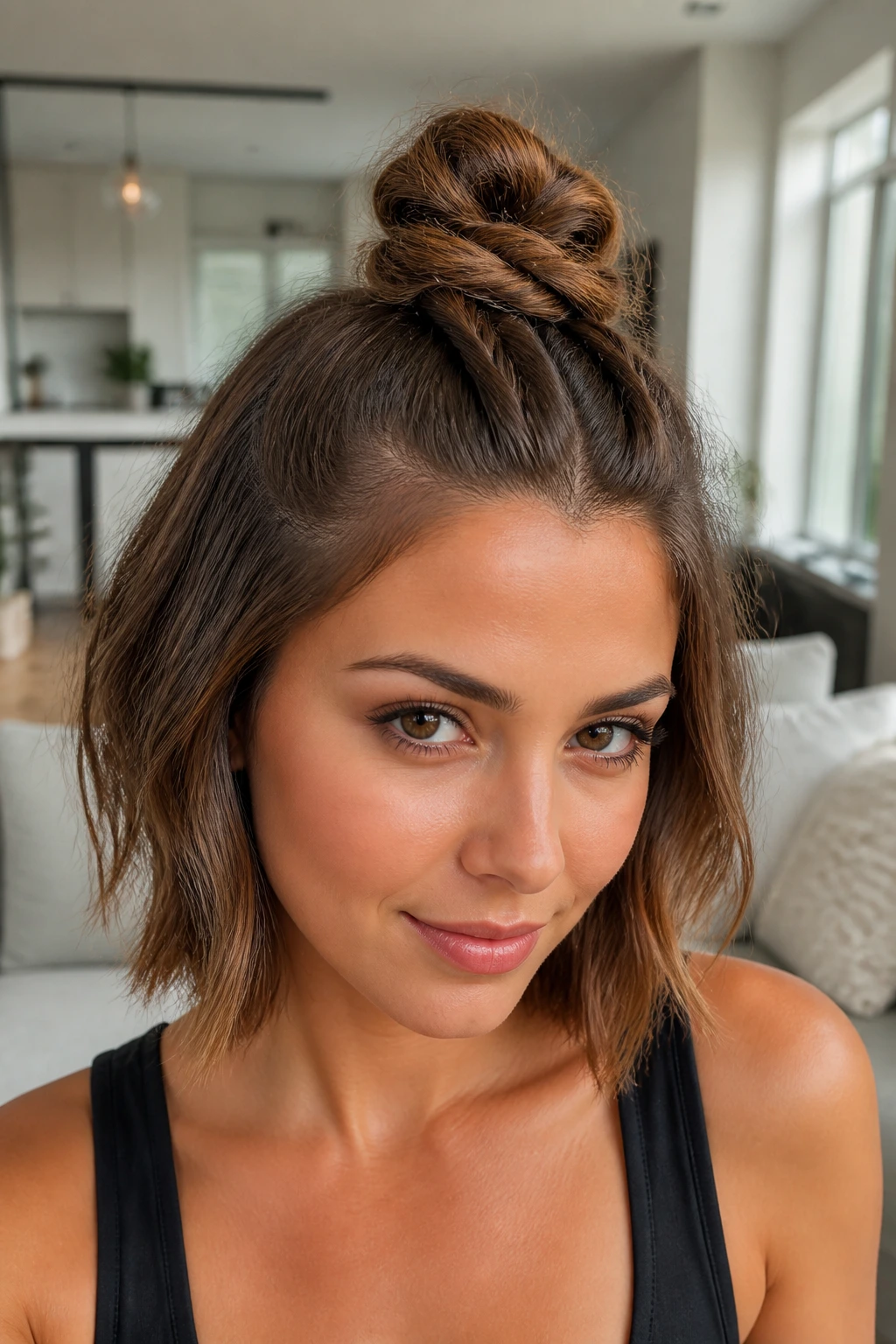 Close-up of a real woman with a braided top-knot hairstyle