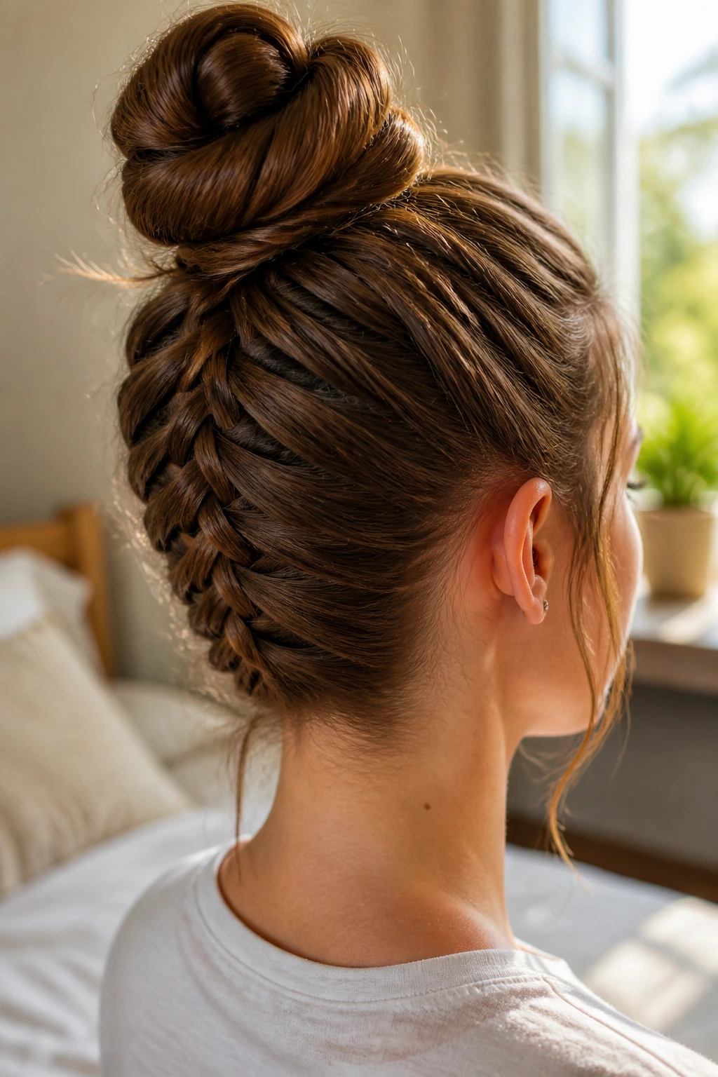 Close-up of a real person's head showing a braided top knot from nape to crown.