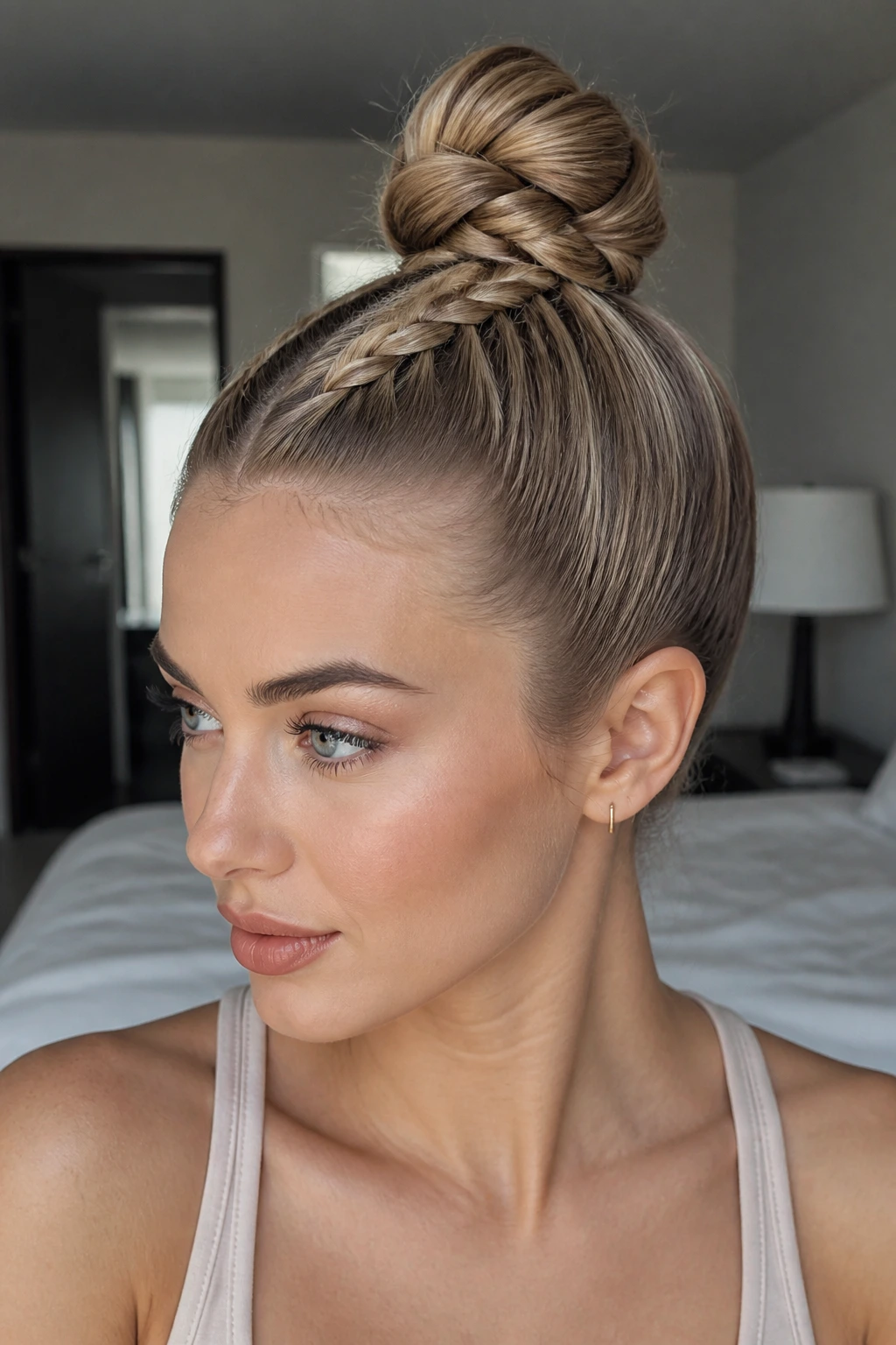 Real woman with a braided top knot hairstyle.