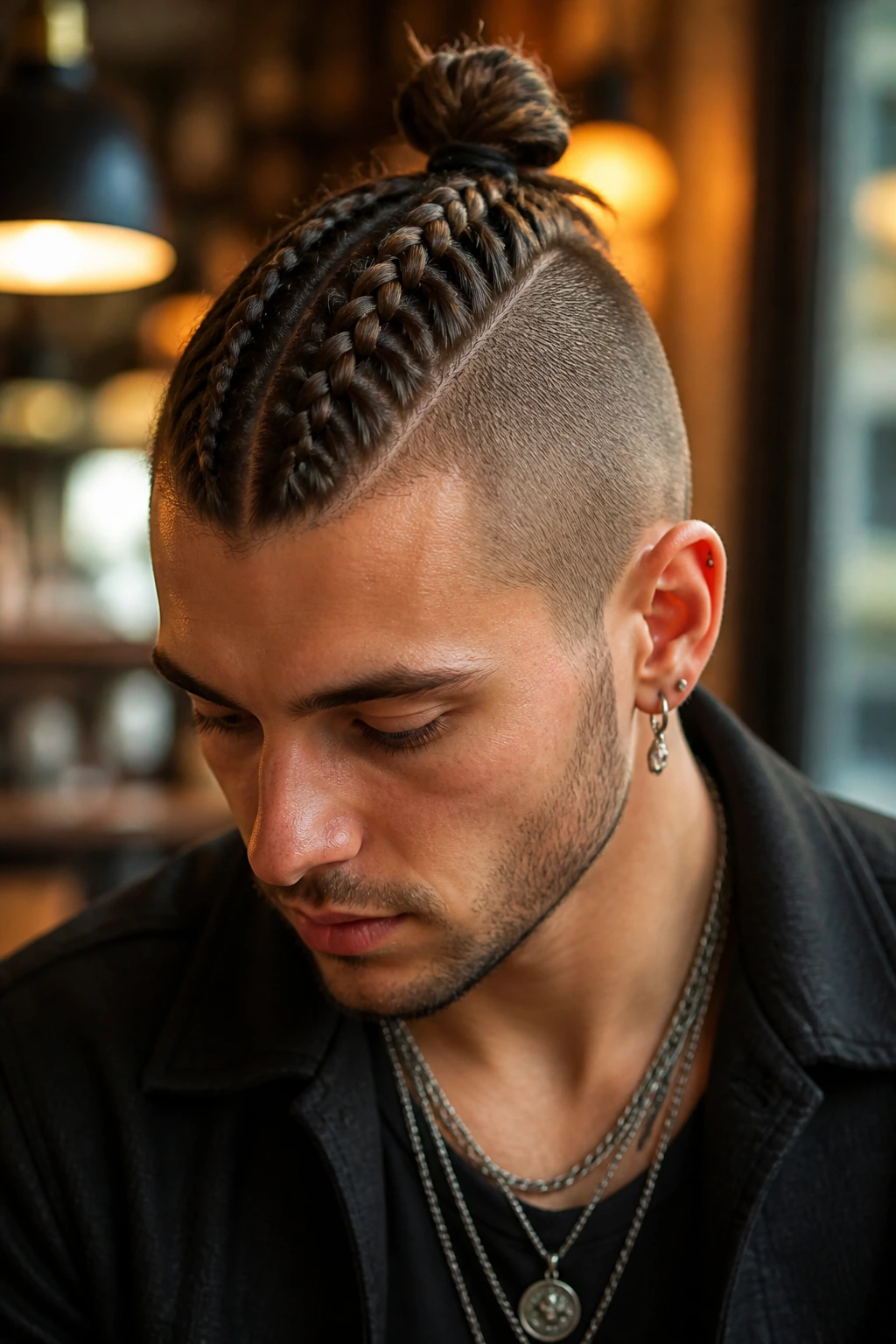 Real person with braided center mohawk tied into a top knot