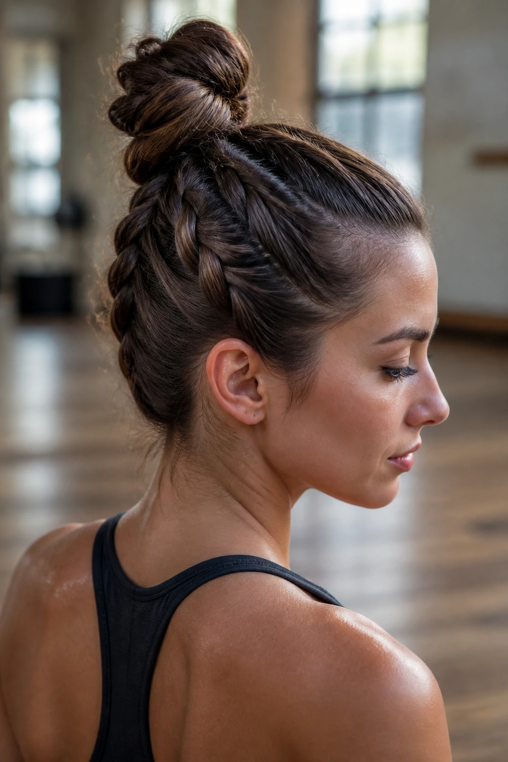 Close-up of a real woman's braided top knot hairstyle