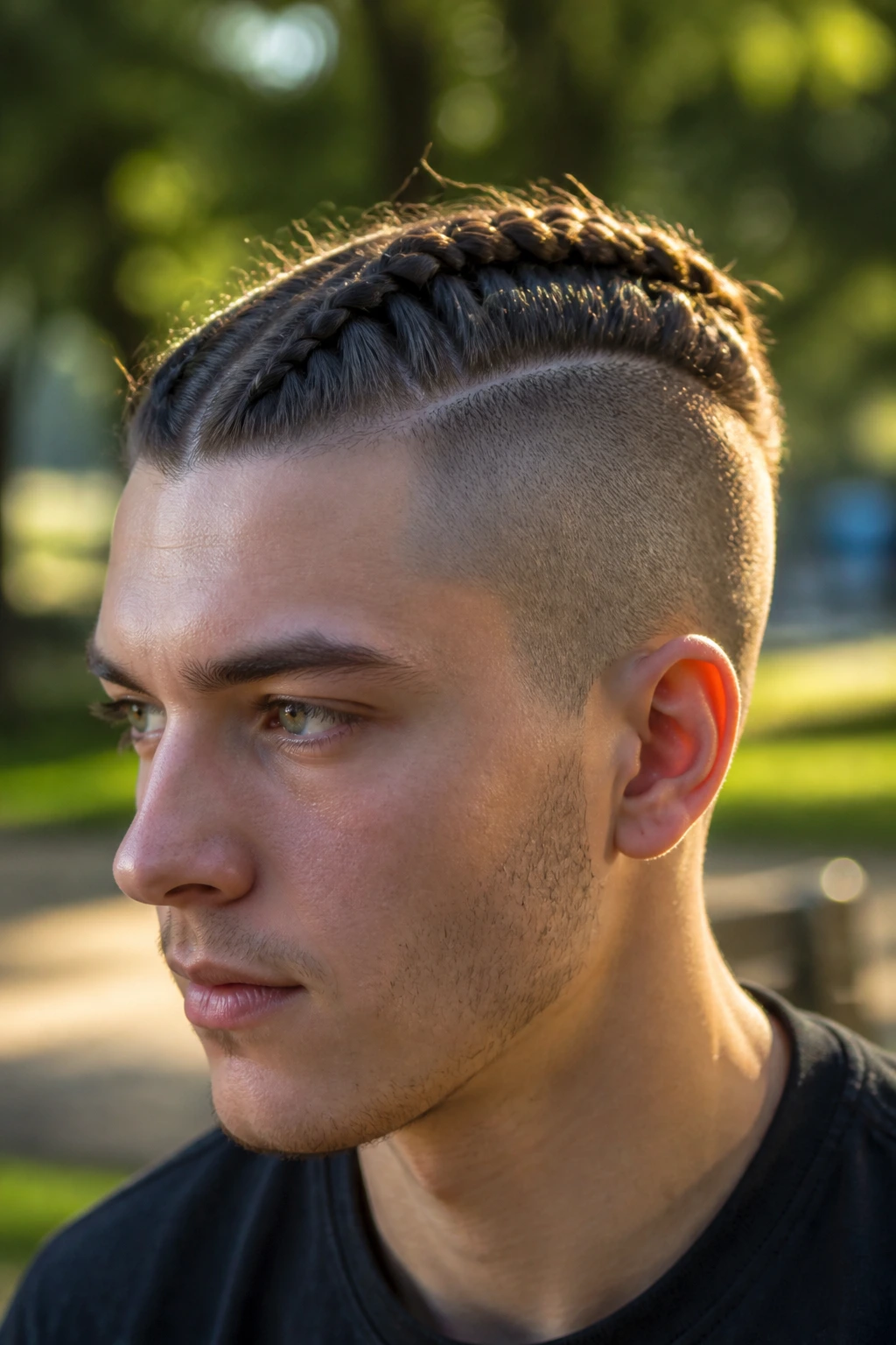 Close-up of a real person with a braided top undercut and shaved sides