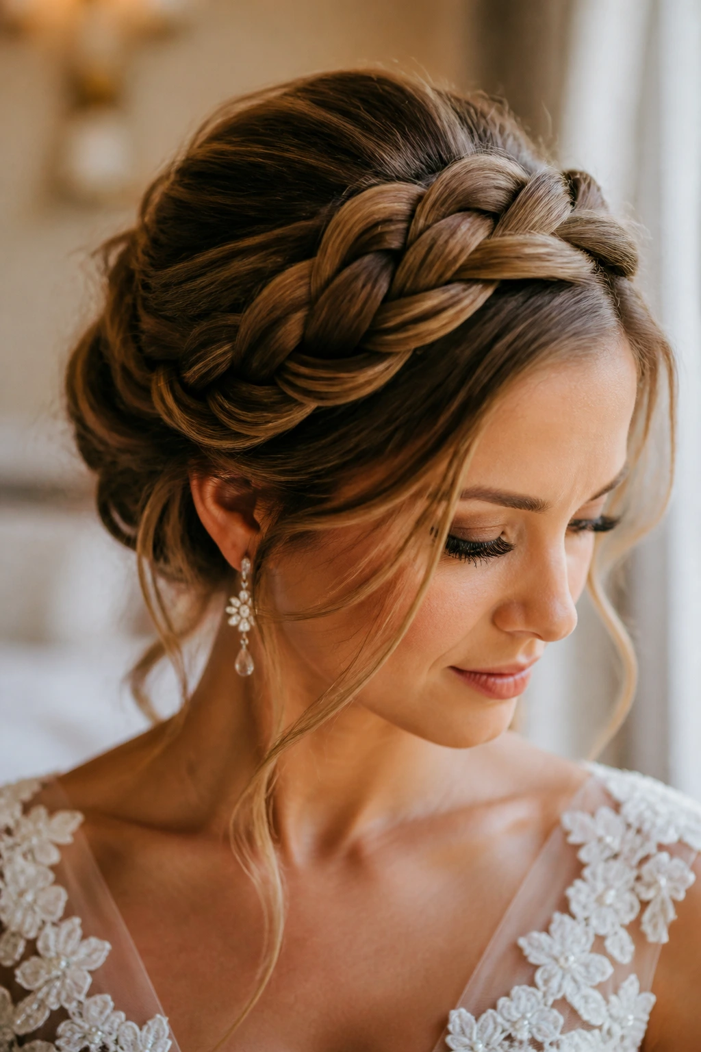 Close-up of a real bride wearing a braided turban headband