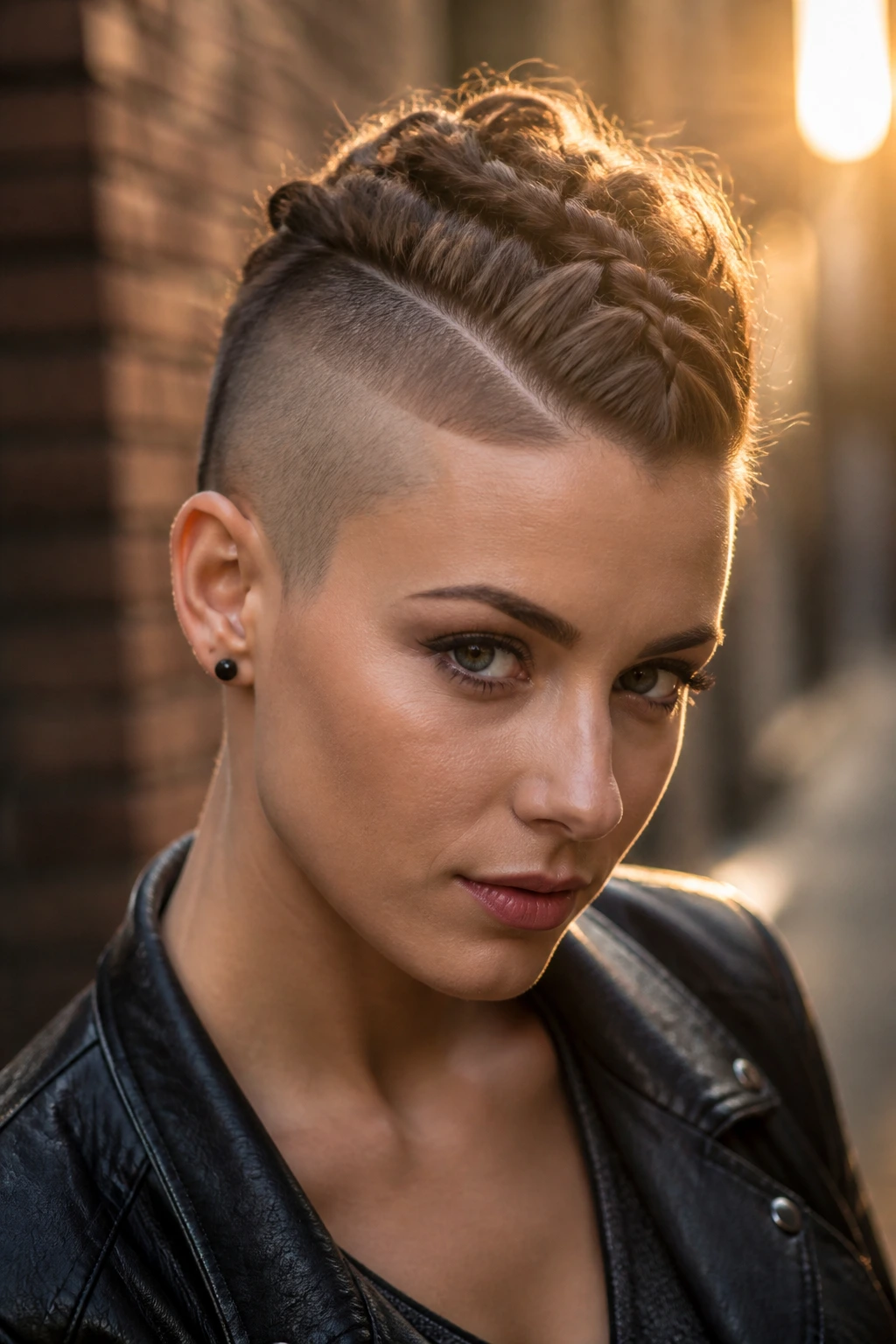 Close-up of a real person with braided undercut faux-hawk in urban golden hour light