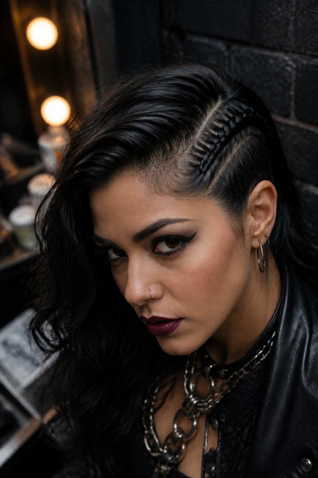 Close-up portrait of a Latina woman with a braided undercut illusion on one side and loose waves on the other