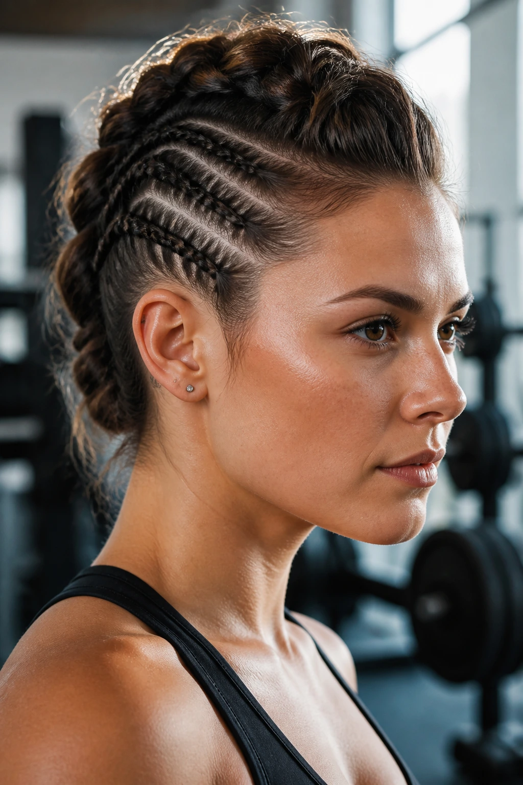 Close-up of a real person with a braided undercut faux-hawk during a workout.