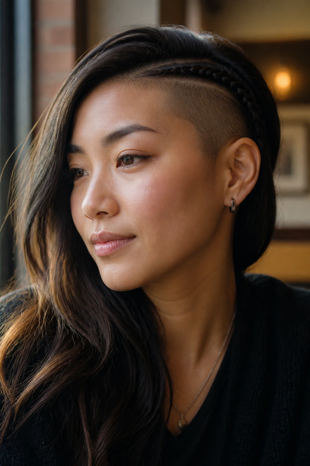 Close-up of a woman with shaved side undercut and braid along the hairline