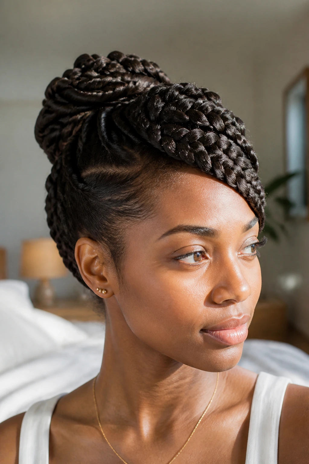 Close-up of a person with a braided updo and side sweeps in a soft bedroom