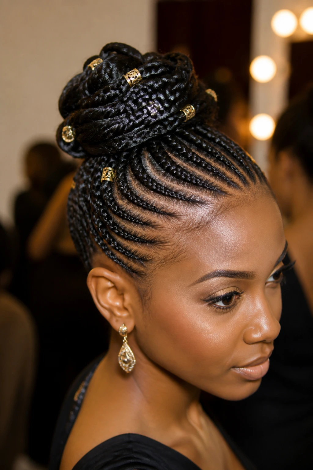 Braided updo with decorative pins on real person