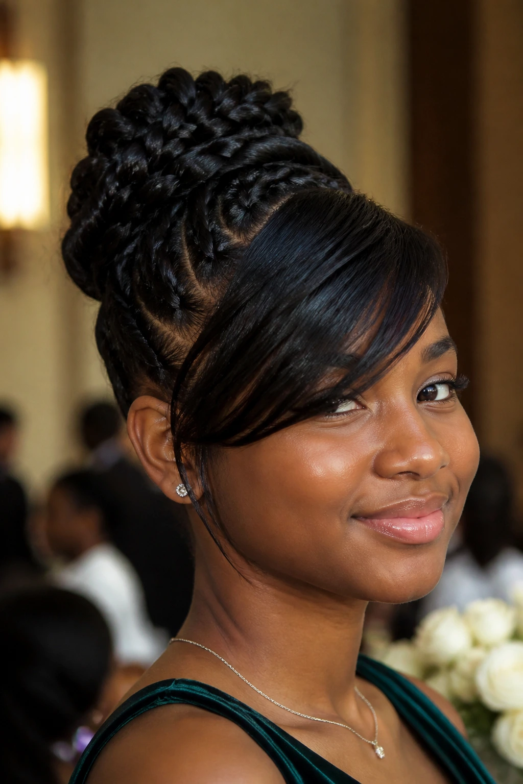 Portrait of a student with a braided updo and side bangs in a formal indoor setting