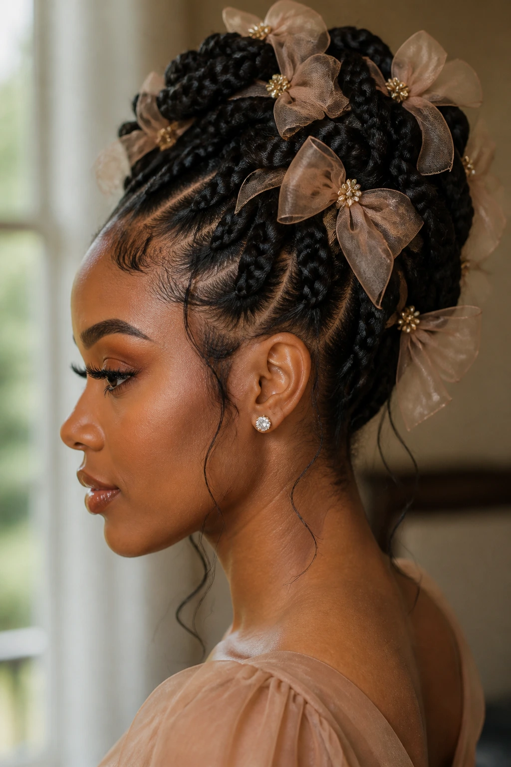 Close-up of braided updo with chiffon bows on a real person
