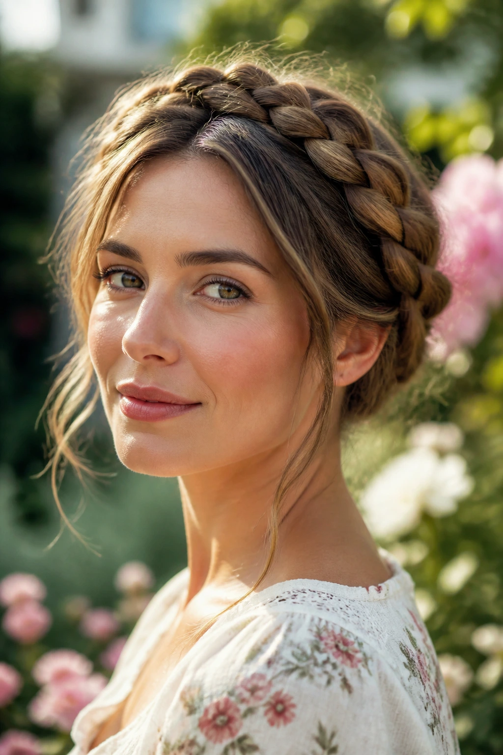 Portrait of a woman with a braided updo in a garden setting