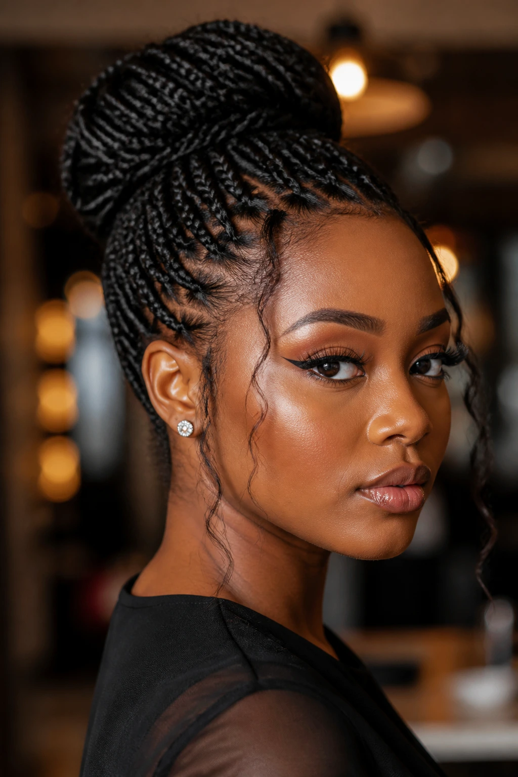 Braided updo on real woman in warm interior