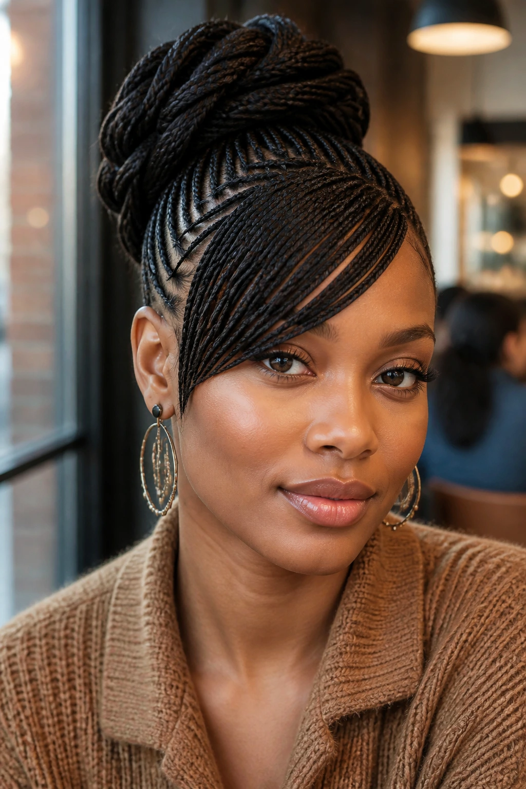Braided updo with side-part bangs on real woman in cafe setting