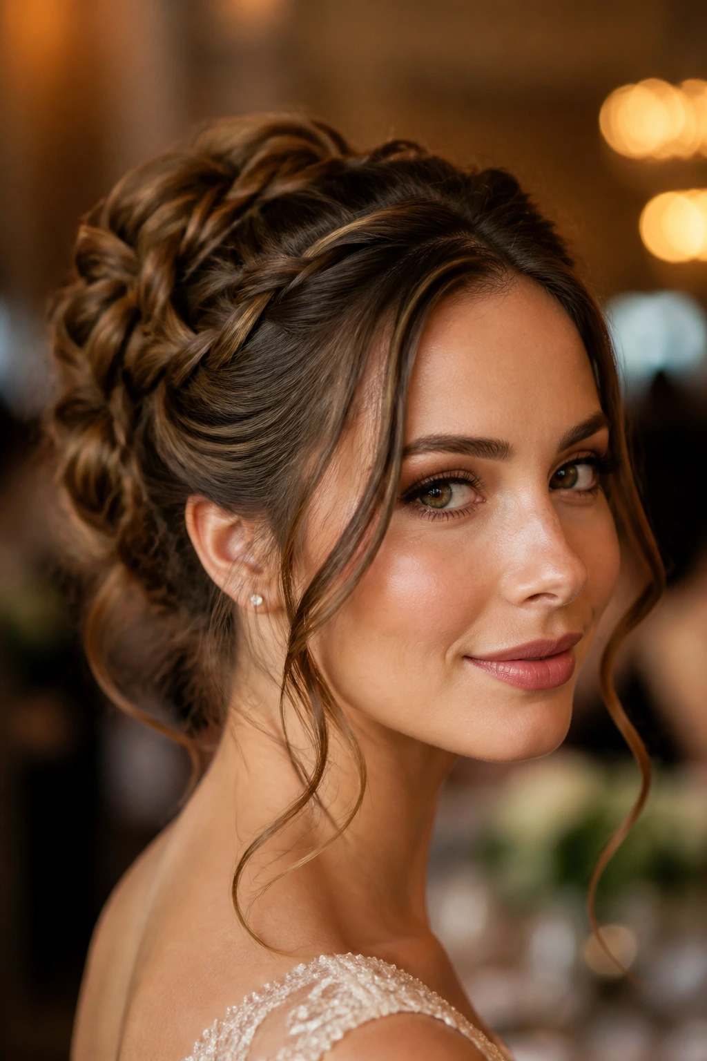 Close-up of a real woman with braided updo and face-framing tendrils