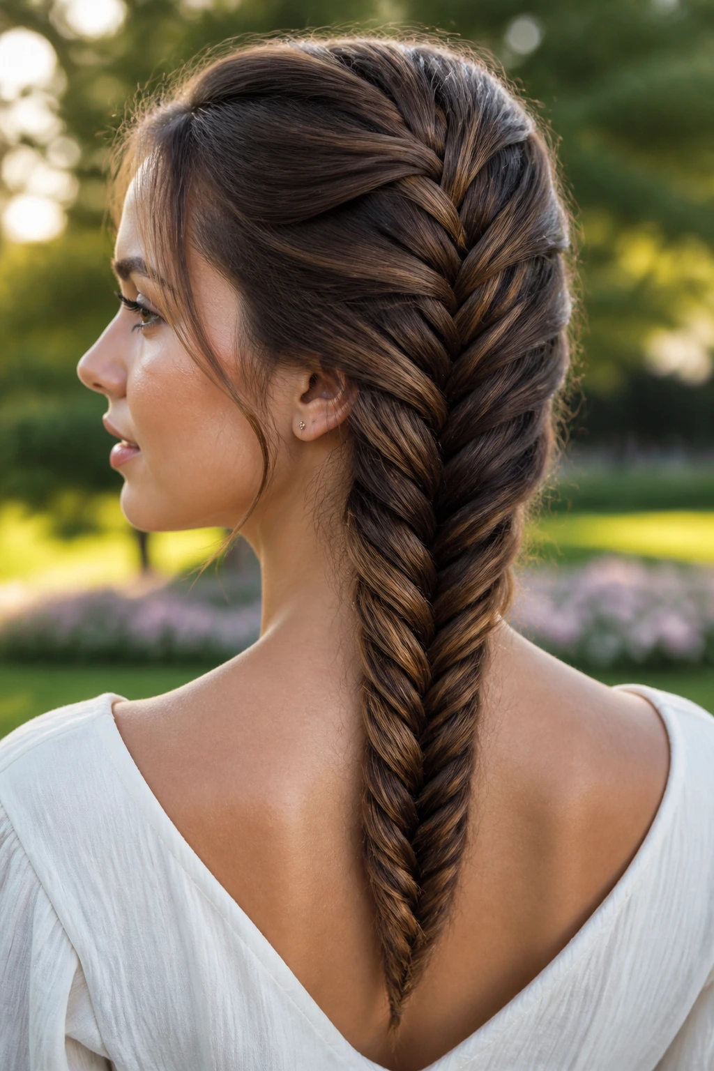 Close-up of a real woman with a braided V-cut hairstyle.