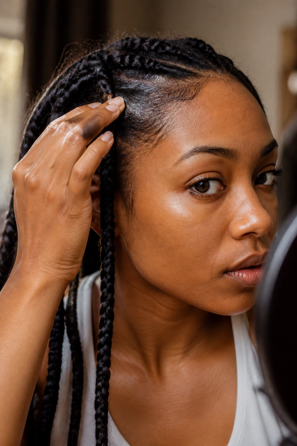 Close-up of real woman adjusting a braid to troubleshoot