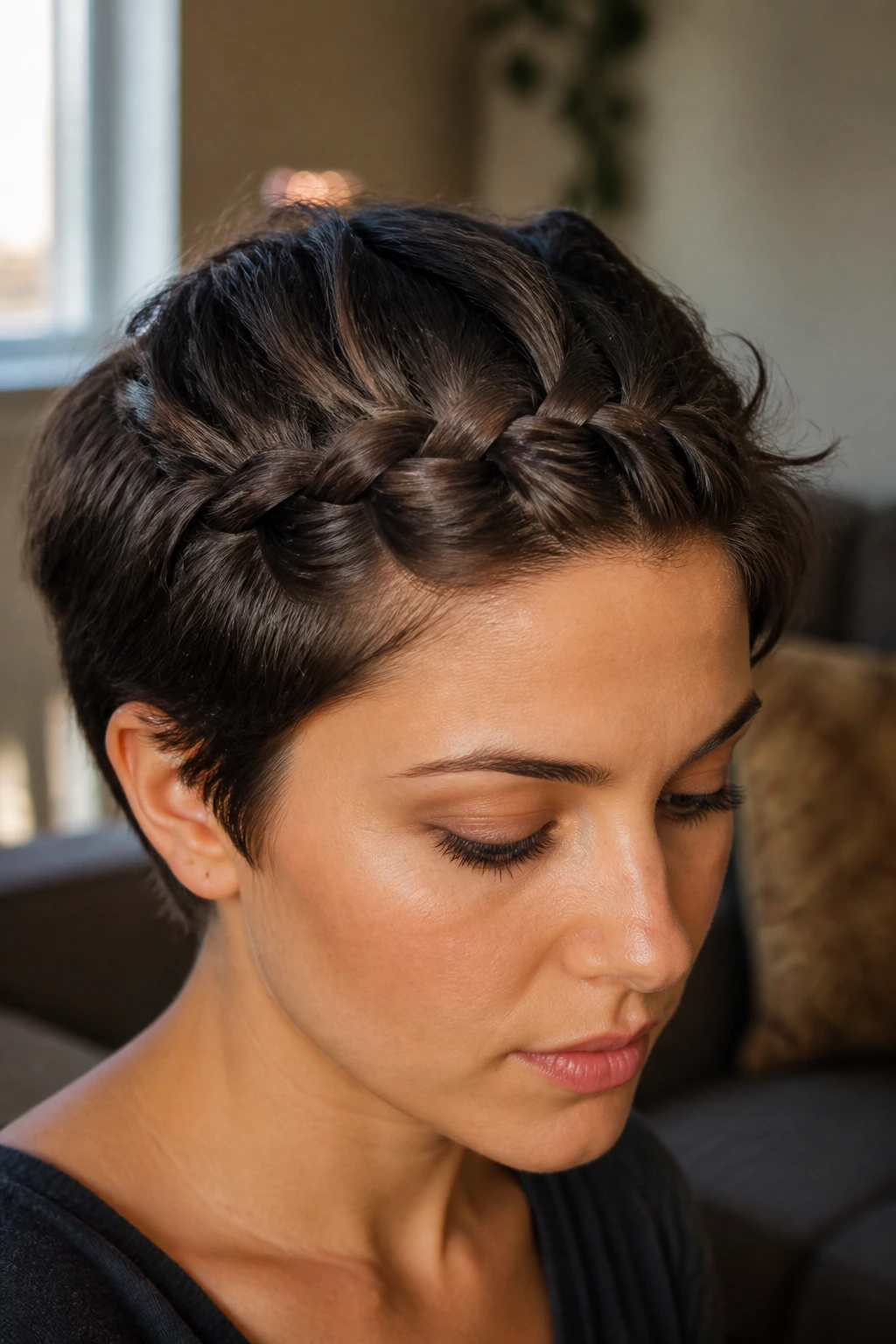 Front-view close-up showing symmetric tension in a short braid.