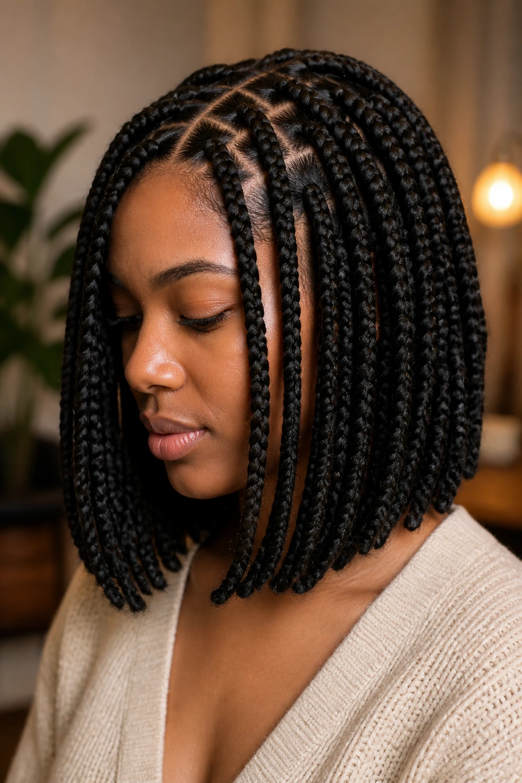Close-up of real person with textured bob box braids showing natural texture