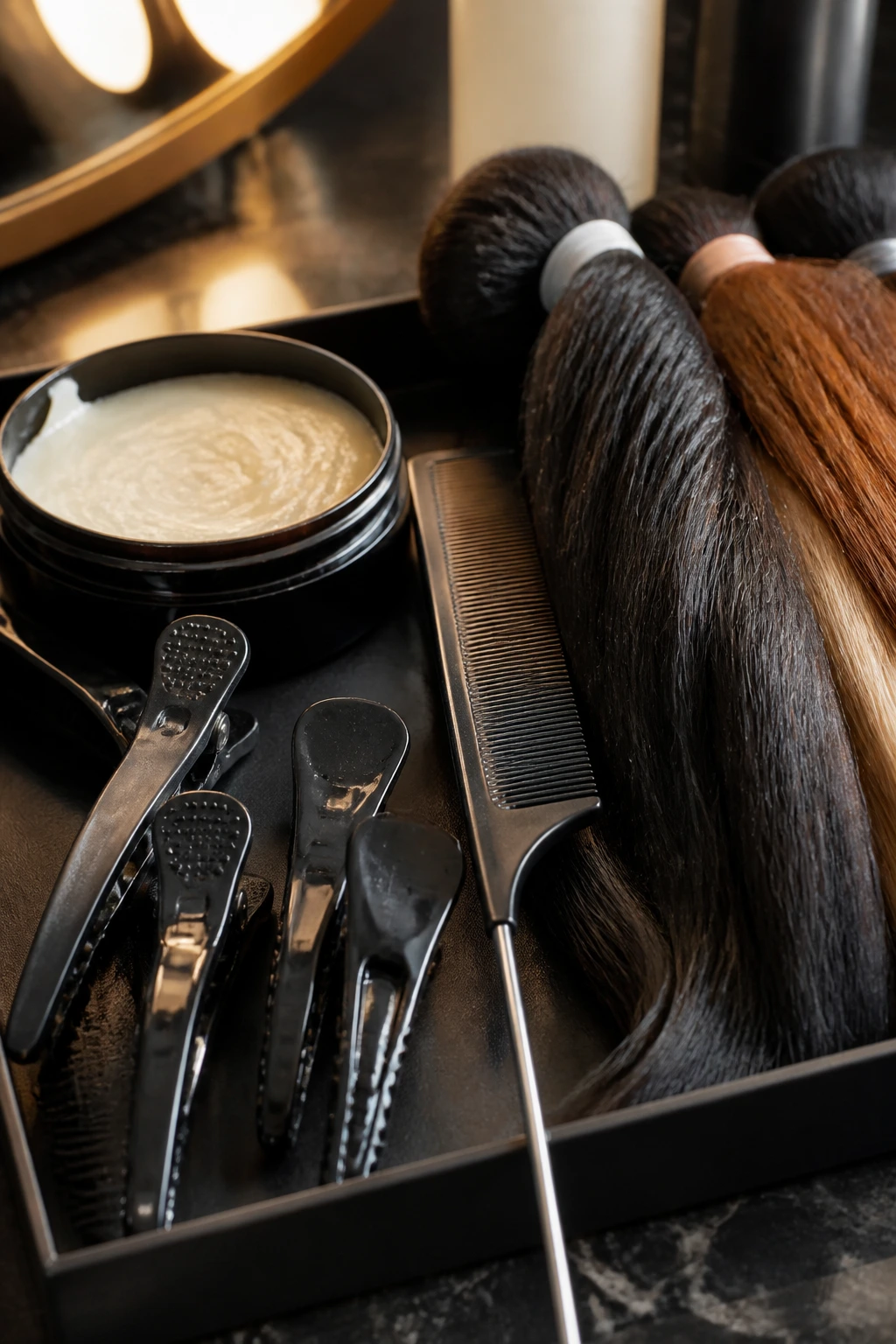 Macro close-up of braiding toolkit items arranged on a vanity surface.