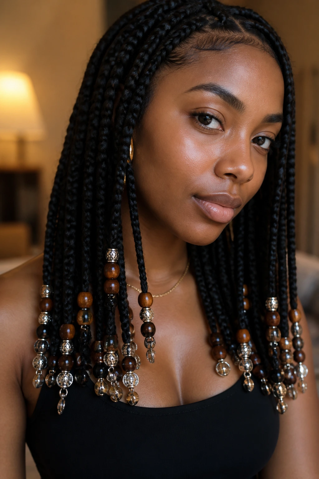 Real woman with braids ending in beads or charms