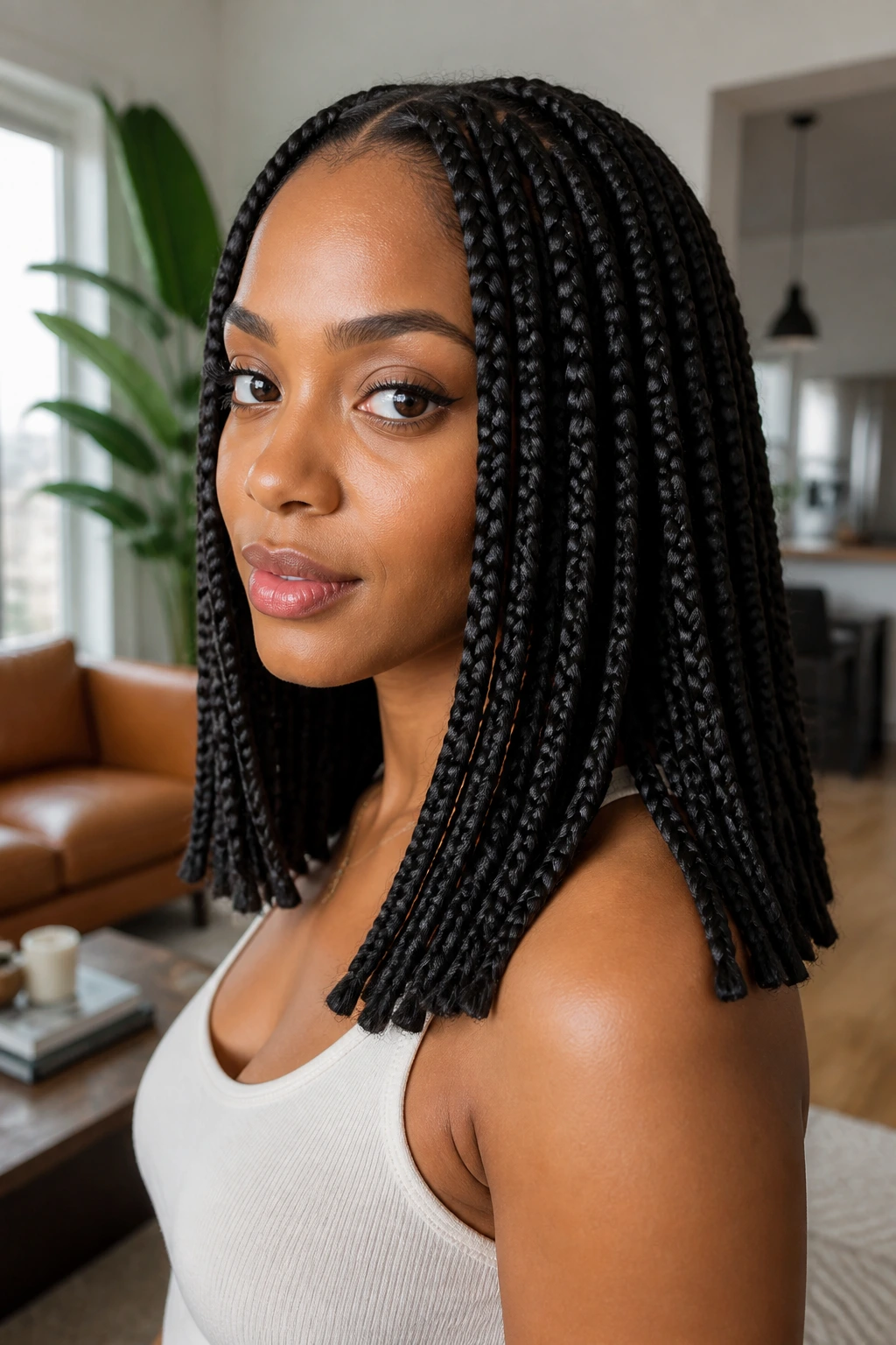 Woman with medium-sized braids having blunt ends in a warm living room