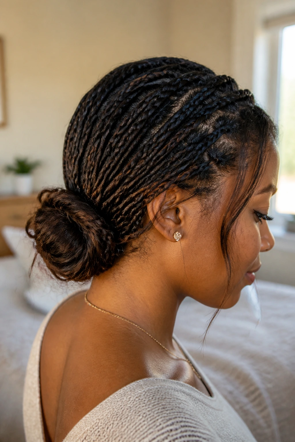 Close-up of a real woman's head showing a low bun with a braided base in a cozy bedroom.