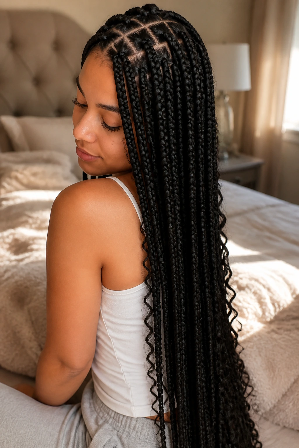 Close-up of a real person with long braids in a warm bedroom setting, showing scalp and braid texture