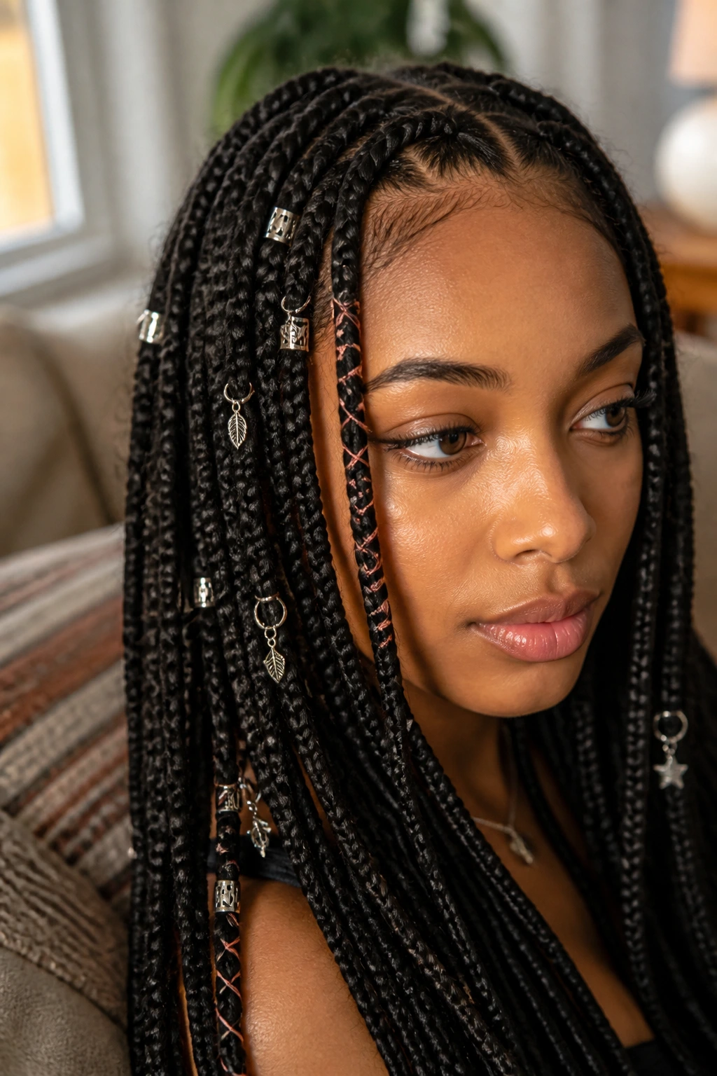 Close-up of box braids with rings and charms on a real woman, warm window light