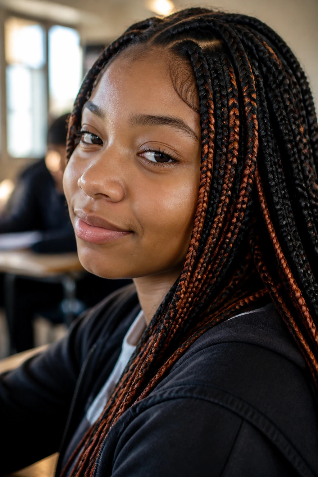 Close-up of braids with copper highlights on a student in class.
