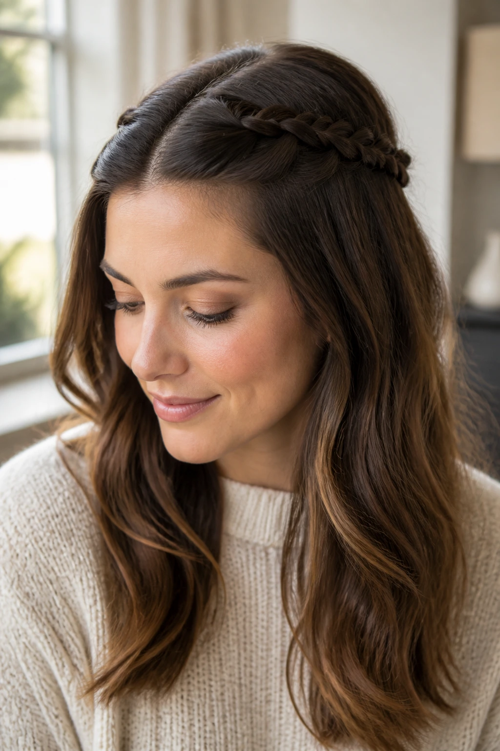Close-up of half-up braided crown with braids pulled back